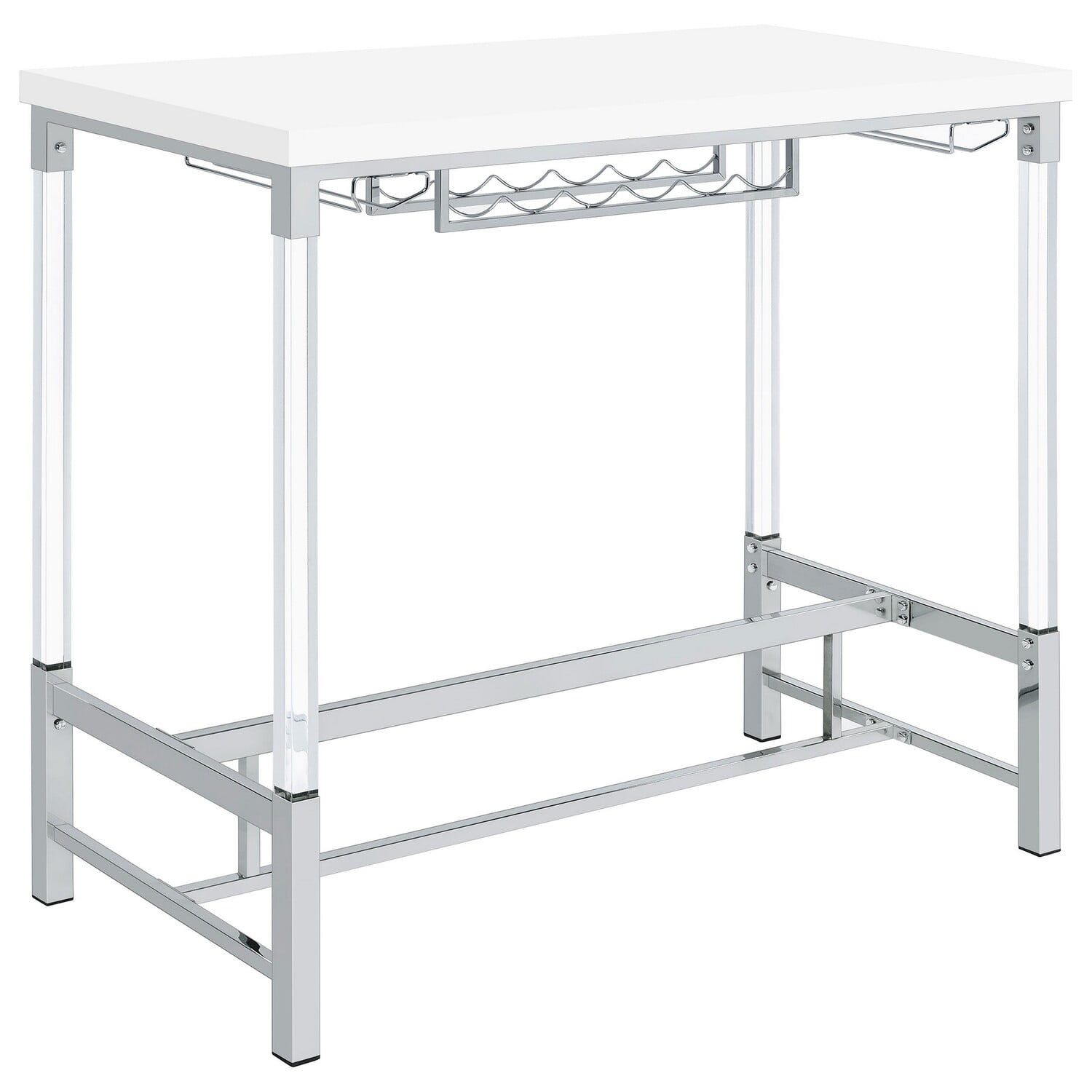 White Acrylic and Metal Bar Height Table with Wine Storage