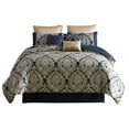 thumbnail image 1 of Nova 9 Piece Polyester Queen Comforter Set, Gold Damask Print, Navy Blue- Saltoro Sherpi, 1 of 5