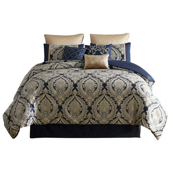 Nova 9 Piece Polyester Queen Comforter Set, Gold Damask Print, Navy Blue- Saltoro Sherpi