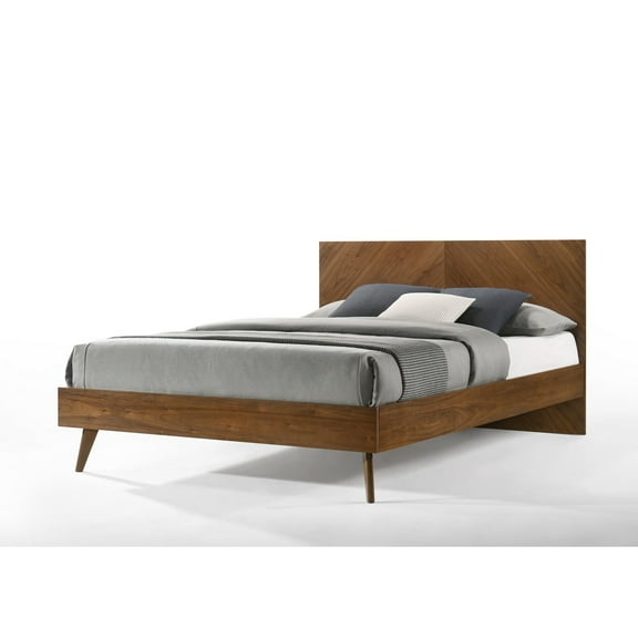 Benjara Nova Rem Queen Size Platform Bed, Chevron Pattern Headboard, Walnut Brown