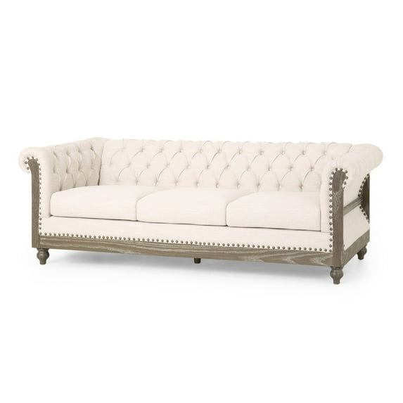Benjara Ober Sofa, Rivets Chesterfield Button Tufted Beige, 86 Inch, Natural Brown