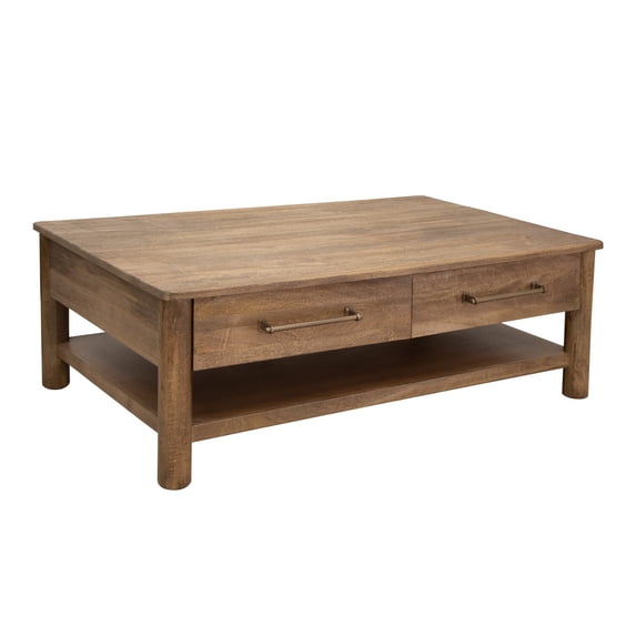 Benjara Olum 50 Inch Cocktail Coffee Table, Drawers, Lower Shelf, Brown Mango Wood