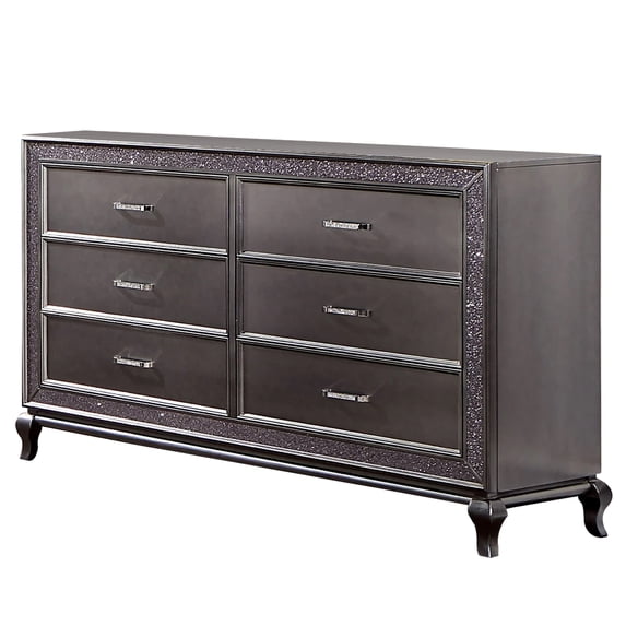 Benjara Ony 64 Inch Wide Dresser Chest, 6 Drawers, Chrome, Graphite Gray Solid Wood