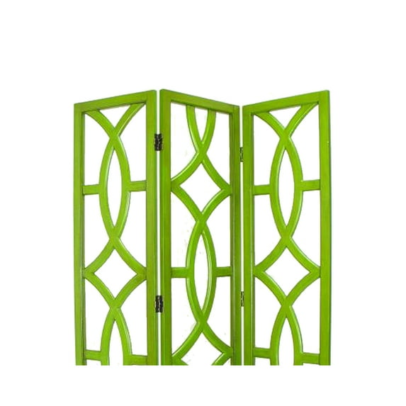 Benjara Open Cut Out Design 3 Panel Wooden Frame Screen with Double Hinges, Green
