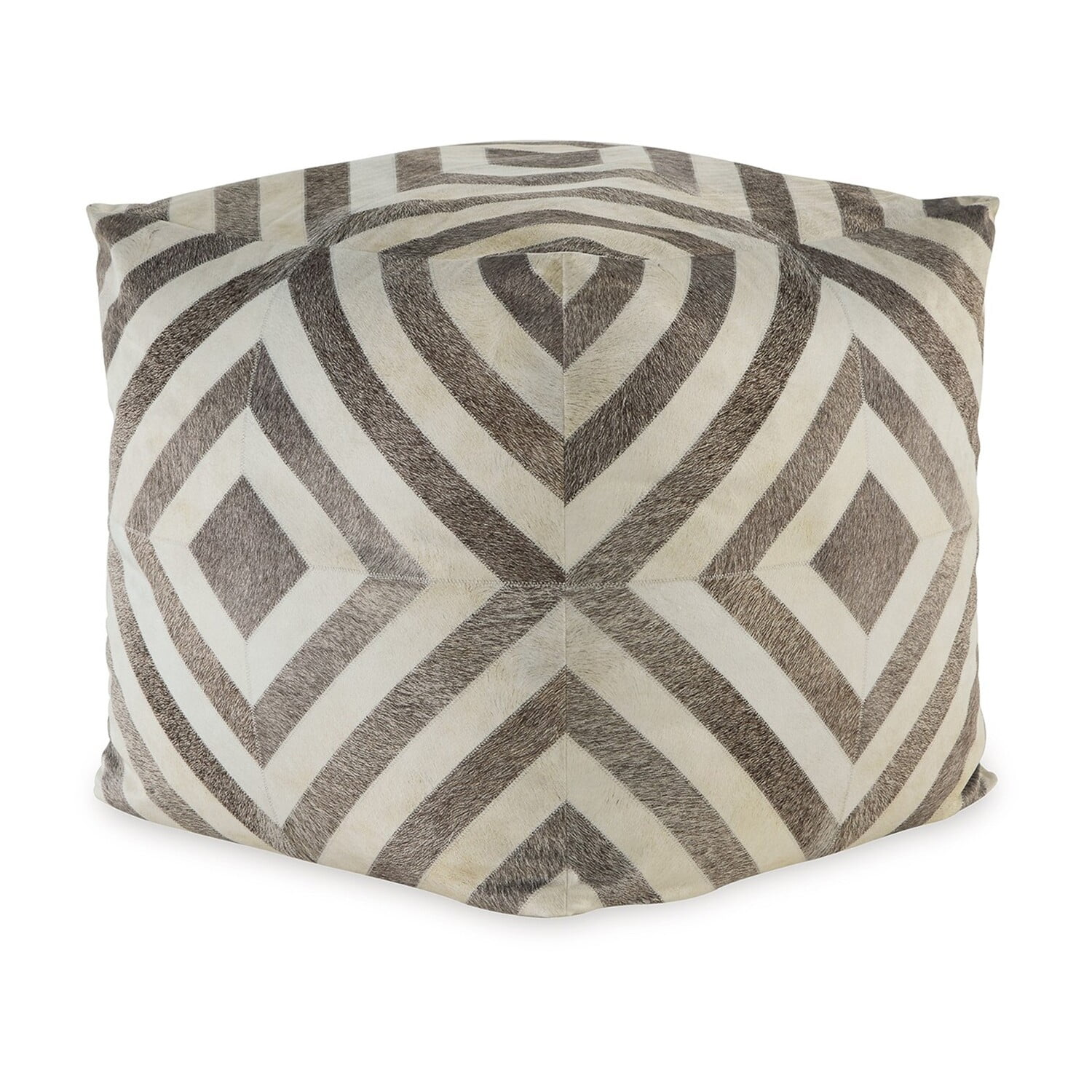 Beige and White Geometric Patterned Polyester Pouf
