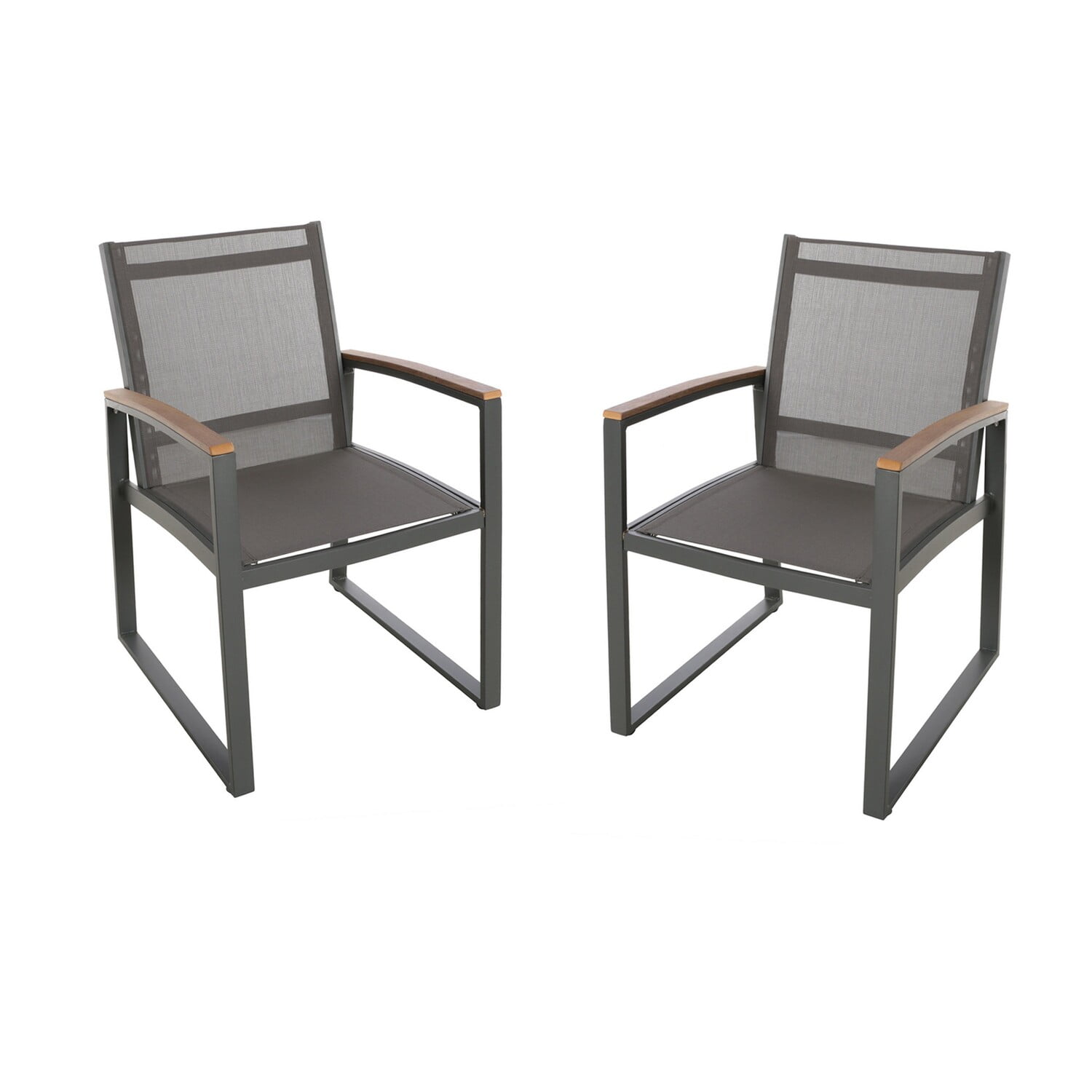 Aubrey Gray Aluminum Outdoor Dining Chairs with Faux Wood Accents, Set of 2