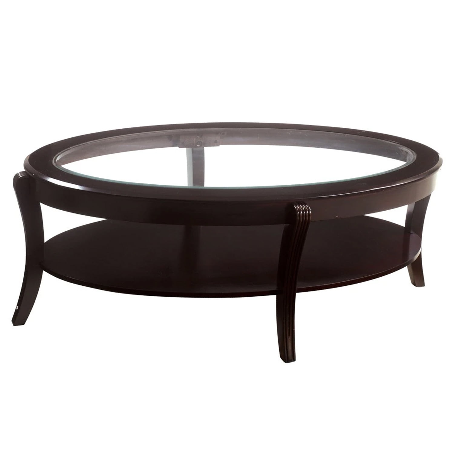 Benjara Wooden Coffee Top Oval Cocktail Table with Glass Insert and Open Shelf, Espresso Brown ...