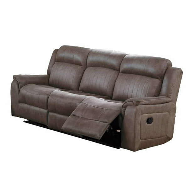 Benjara Oya 84 Inch Power Reclining Sofa Pull Tab Mechanism Brown Genuine Leather