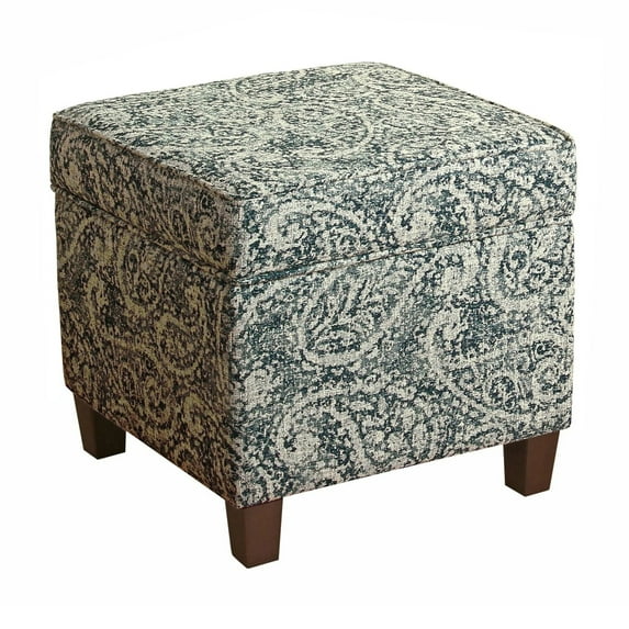 Benjara Paisley Pattern Fabric Upholstered Wooden Ottoman with Lift Off Top, Blue and Gray