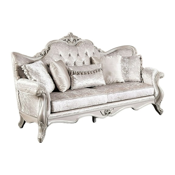 Paulo 85 Inch Sofa, Off White Fabric, Carved Silver Solid Wood Frame