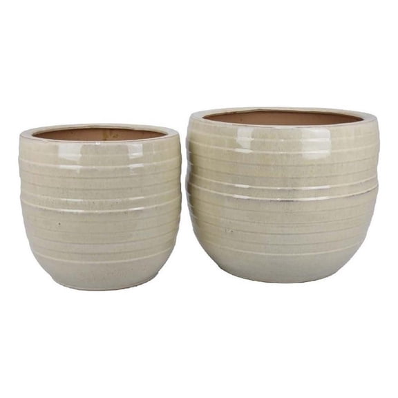 Benjara Paulo Barrel Planter Set of 2- Raised Ribbed Beige Ceramic 19- 15 Inch