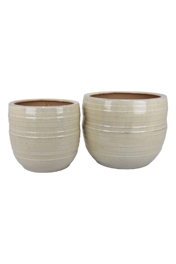 Paulo Barrel Planter Set of 2- Raised Ribbed Beige Ceramic 19- 15 Inch