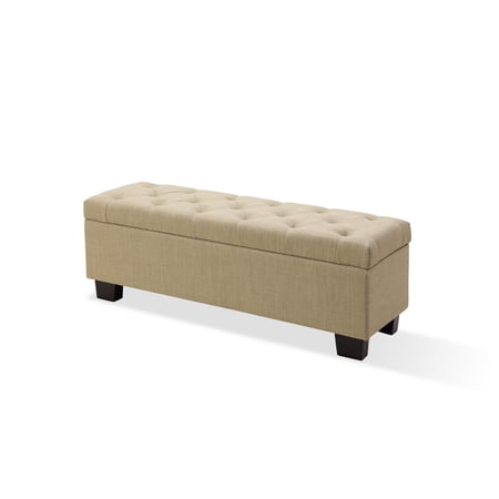 Benjara Pax 54 Inch Storage Bench, Polyester Linen, Lifting Top, Tufted, Brown