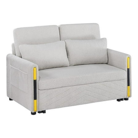 Pcy 56 Inch Sleeper Loveseat with Side Pockets, Beige Teddy Velvet, Wood