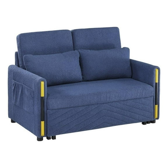 Pcy 56 Inch Sleeper Loveseat with Side Pockets- Blue Teddy Velvet- Wood