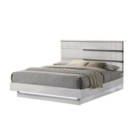 Benjara Peis Queen Size Bed, LED, Crystal Accents, Modern Design, Glossy White