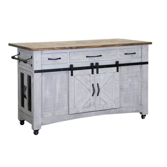 Benjara Pino 60 Inch Kitchen Island, Mesh Doors, Towel Rack, Barn Doors, White