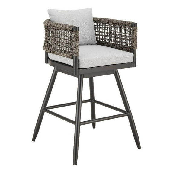 Piper 30 Inch Outdoor Swivel Barstool Chair- Rope Woven- Gray Cushions