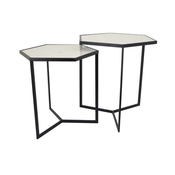 Plant Stand Table Set of 2, Black Metal Frame, Hexagonal White Tabletop