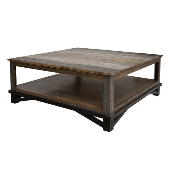 Benjara Pola 45 Inch Coffee Table, Square Lower Shelf, Transitional Gray Brown Wood