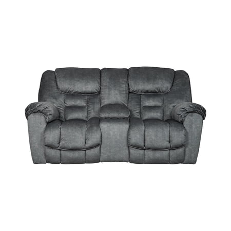 Benjara Polyester Upholstered Metal Reclining Loveseat with Lift Top Storage Console, Gray
