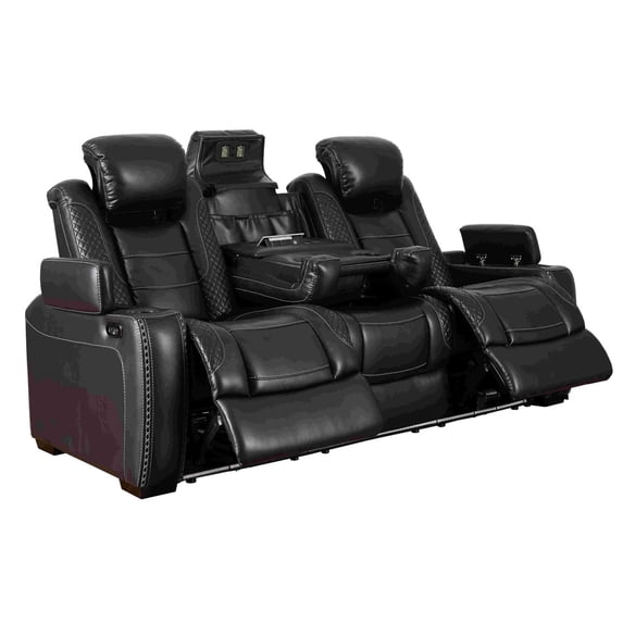 Benzara Upholstered Faux Leather Power Recliner Sofa with LED Lighting in Black
