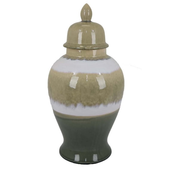 Benjara Pril 20 Inch Temple Jar with Clean Lines, Ceramic, Brown, Green Finish