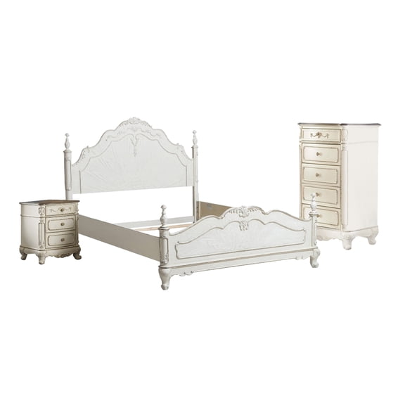 Prin 3 Pc Full Size Bedroom Set, Ornate Carvings, Antique White, Traditional