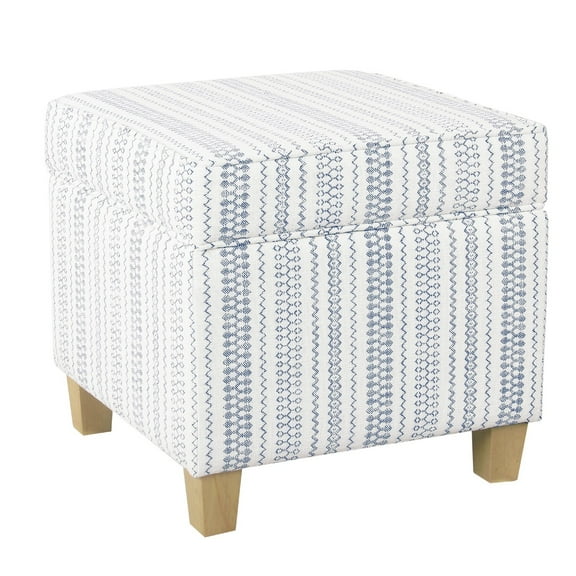 Benjara Pyp Square Storage Ottoman- 18" Blue White Striped- Brown Legs