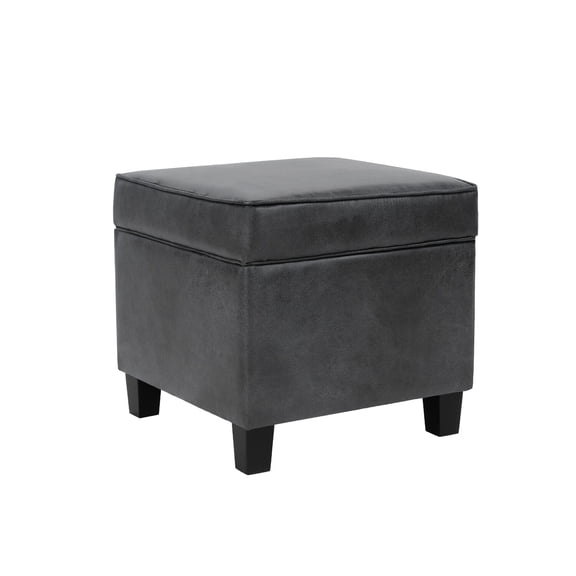 Benjara Pyp Square Storage Ottoman- 18" Dark Gray Faux Leather- Black Wood