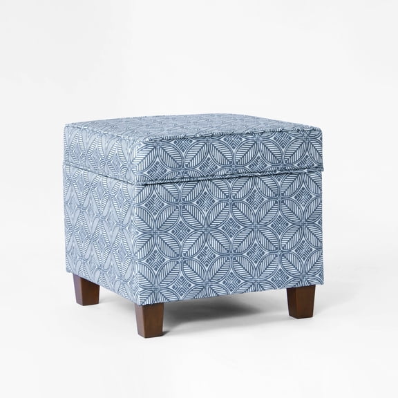 Benjara Pyp Square Storage Ottoman- 18" Indigo Blue Print- Walnut Brown