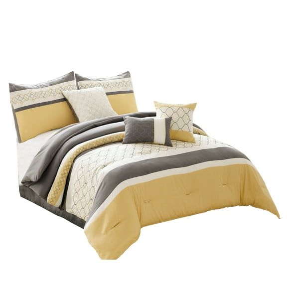 Benjara Quatrefoil Print Queen Size 7 Piece Fabric Comforter Set, Yellow and Gray
