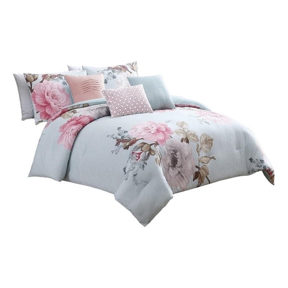 Benjara Queen Size 7 Piece Fabric Comforter Set with Floral Prints- Multicolor