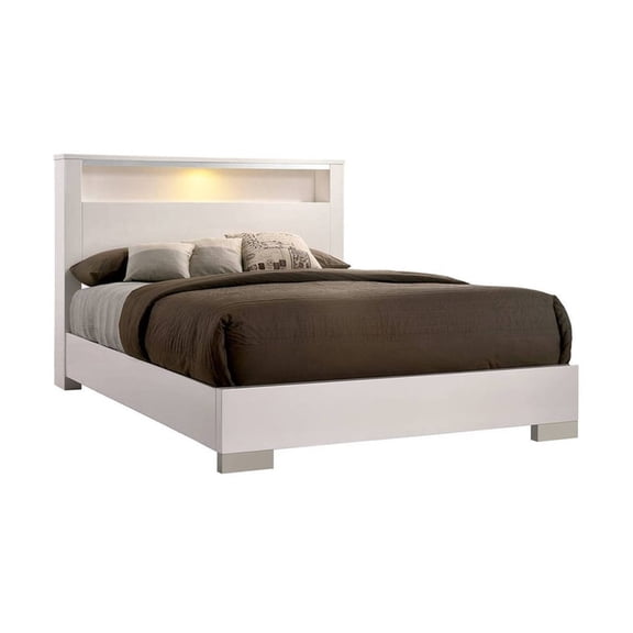 Benjara Queen Size Bed with Open shelf, White
