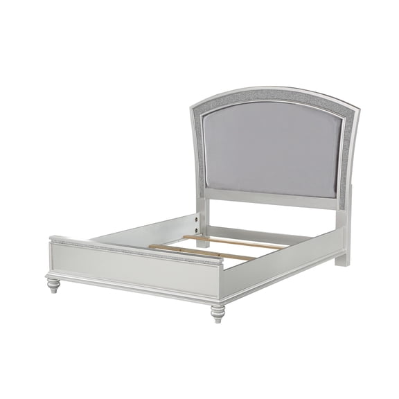 Benjara Queen Size Bed with Padded & Rhinestones Inlay Headboard- Gray & White