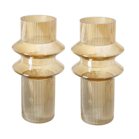 Rae Set of 2 Glass Vases, Tall Round Cylinders, Amber Yellow, Clear Finish- Saltoro Sherpi