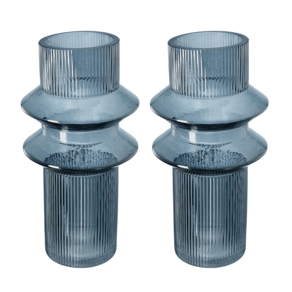 Benjara Rae Set of 2 Glass Vases-Tall Round Cylinders-Smokey Blue-Clear Finish