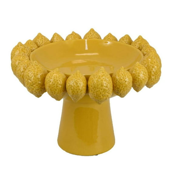 Benjara Rambo Decorative Bowl, Sculpted Lemon Motifs, Glazed Yellow Ceramic