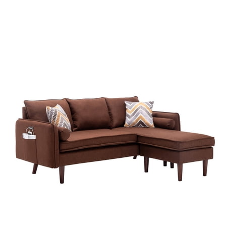 Ranon 70 Inch Sectional Chaise Sofa Pillows USB Ports Side Pockets Brown