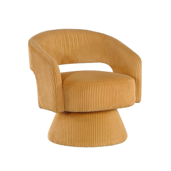Rayne Swivel Accent Chair- Yellow Corduroy- Round Metal Swivel Base