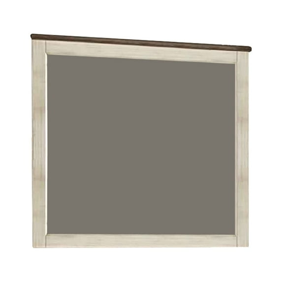 Benjara Rectangular Wood Frame Mirror with Textured Detail, Antique White and Brown
