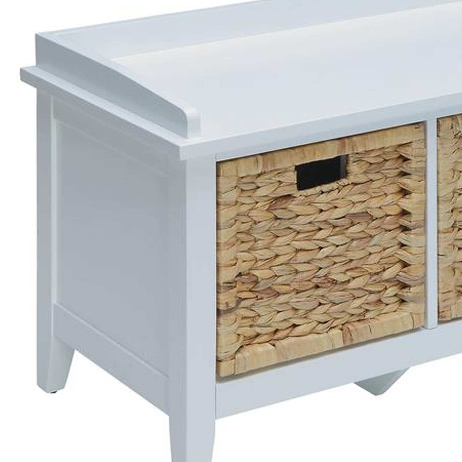 Crisp White Wooden Storage Bench with Rattan Baskets