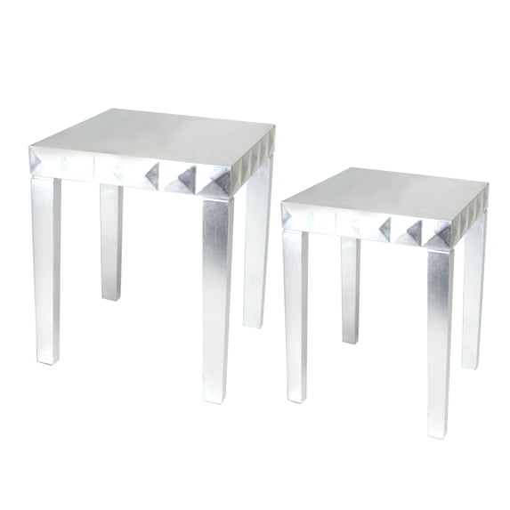 Benjara Rectangular Wooden Nesting Table with Geometric Edges, Set of 2, Silver