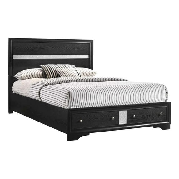 Benjara Regi Queen Bed- 2 Storage Drawers- Silver Striped Headboard- Black Wood
