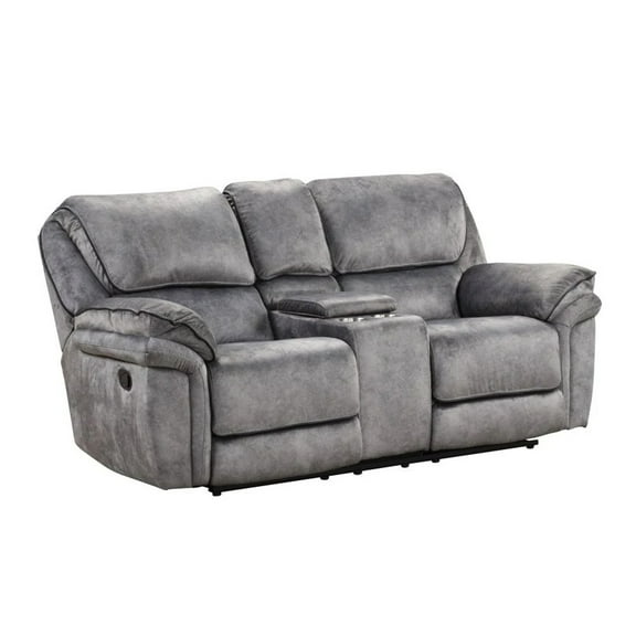 Remma Manual Recliner Loveseat, Gray Faux Leather, Console with Cupholders