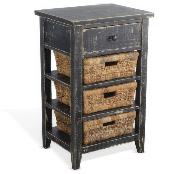 Rena End Table- 3 Natural Rattan Storage Baskets- 20 Inch Black Wood