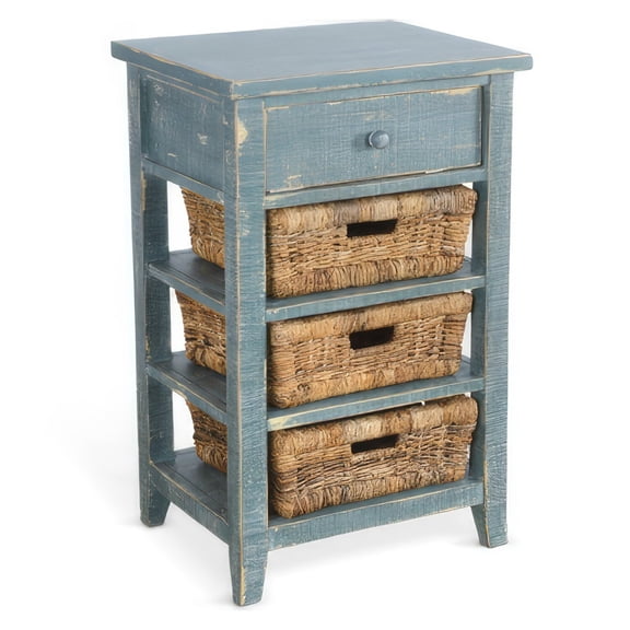 Rena End Table- 3 Natural Rattan Storage Baskets- 20 Inch Green Wood