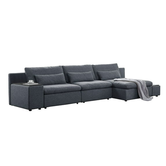 Benjara Reno 145 Inch Right Facing Sectional Sofa, Modular, Loose Pillow, Gray