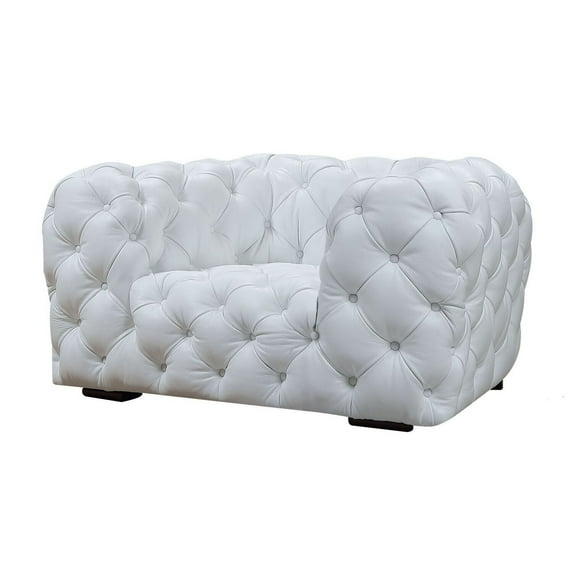 Benjara Reno 57 Inch Modern Lounge Chair, Button Tufted, Italian Leather, White