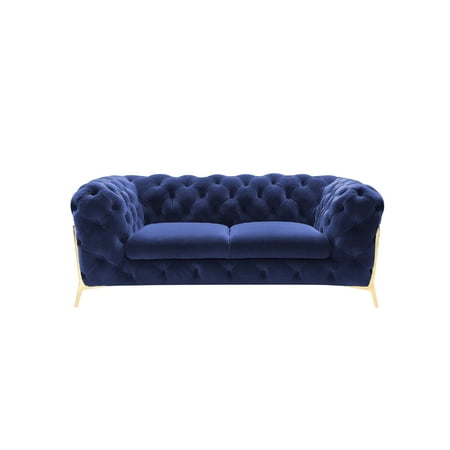 Benjara Reno Joni 74 Inch Modern Loveseat, Chesterfield, Velour, Blue, Gold